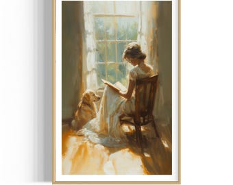 Antique Woman Reading with Dog Portrait | Vintage Oil Painting Print