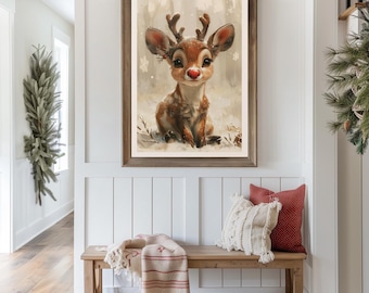 Rudolph Print, Cute Christmas Reindeer Portrait (Digital Download)