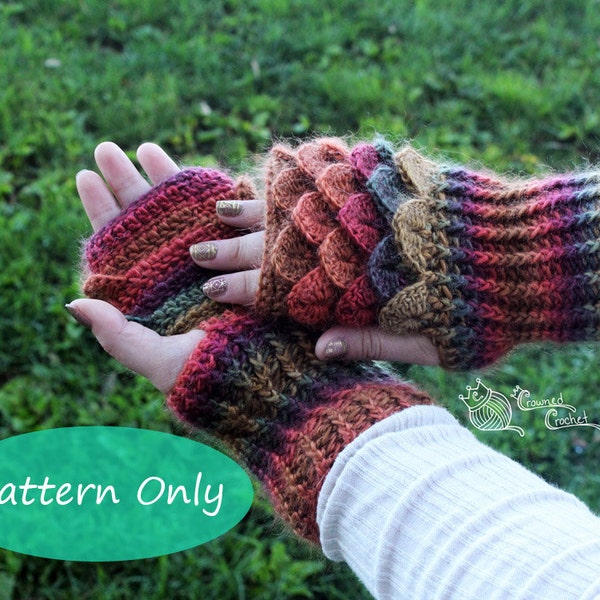 PATTERN ONLY Crochet Dragon Scale Gloves Gauntlets, PDF Digital Download, Crocodile Stitch Fingerless Gloves with ribbing