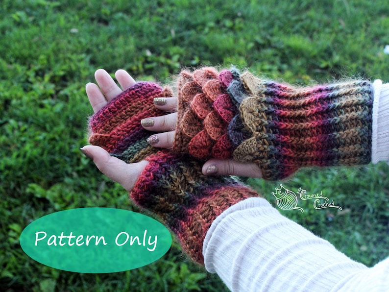 PATTERN ONLY Crochet Dragon Scale Gloves Gauntlets, PDF Digital Download, Crocodile Stitch Fingerless Gloves with ribbing image 1