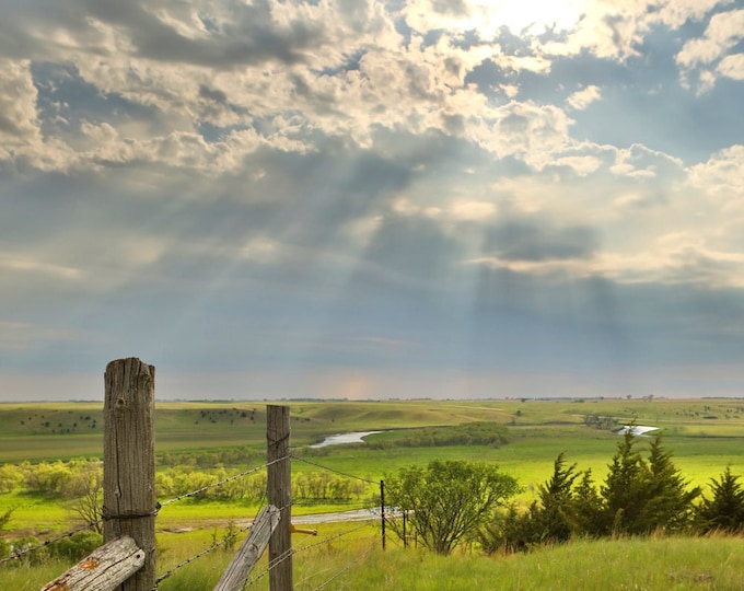 James River Spring Scenery Sun Rays Cabin Decor Fence Post Sunset Photo Father's Day Gift South Dakota 20x30 Metal Print by Nicole Heitzman