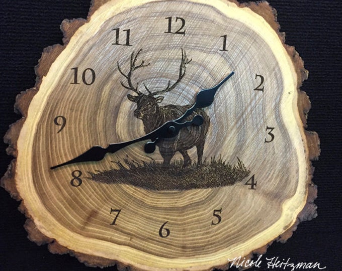 Engraved Wood Clock Elk Art Elk Clock Wildlife art Father's Day gift for Dad men Lodge Cabin Art Man cave Elk hunting art by Nicole Heitzman