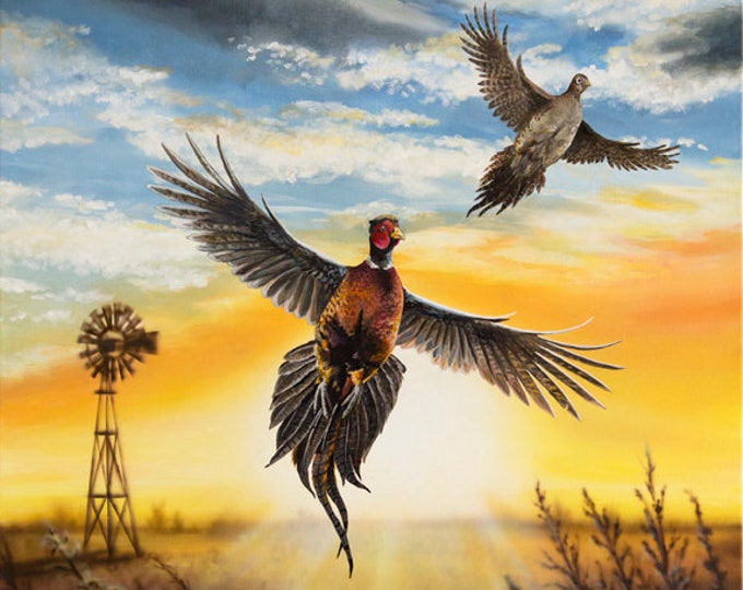 Wings in the Wind Pheasant painting Father's Day Gift Pheasant hunting art Gift for men Dad hunter Game Bird Wildlife Art Windmill Print