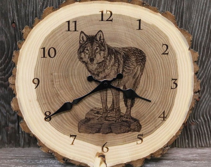 Engraved Wood Clock Wolf Art Wolf Clock Wildlife art Father's Day gift for Dad men him Lodge Decor Cabin Art Man cave art by Nicole Heitzman