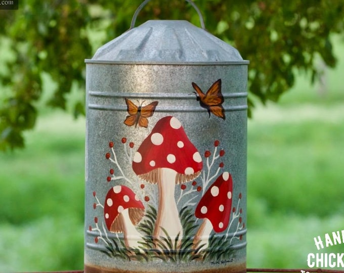 Antique Chicken Feeder Top Lid Can Hand Painted Mushrooms & Monarch Butterfly Art Summer Home Decor Porch Farmhouse Art by Nicole Heitzman