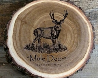 Mule deer art engraved wood coaster art Father's Day Gift for men dad Deer Coaster Deer Art Man Cave Wildlife art Decor Cabin Lodge Decor