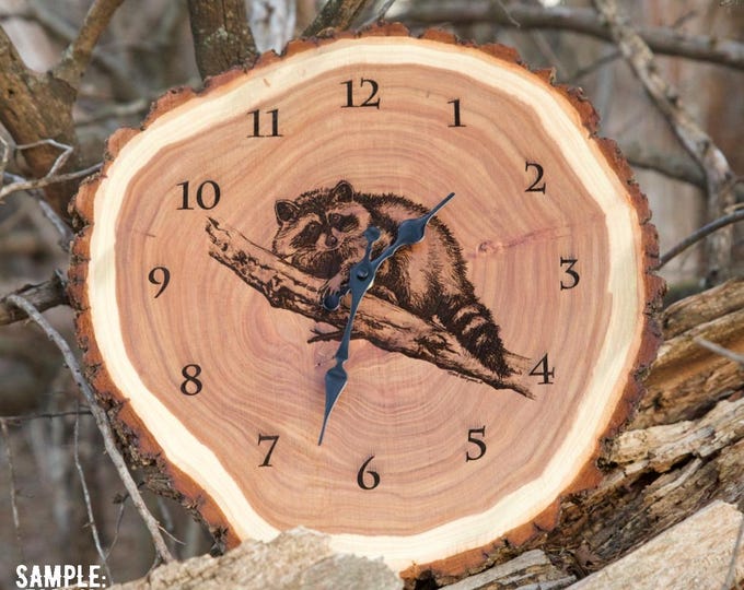 Raccoon Art Engraved Wood Clock Wildlife art Father's Day gift for Dad men hunter Lodge Cabin Art Man cave hunting art by Nicole Heitzman