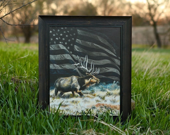 Freedom bull elk print painting USA art American Flag Elk Hunting Limited Edition Canvas Giclee Art print Nicole Heitzman