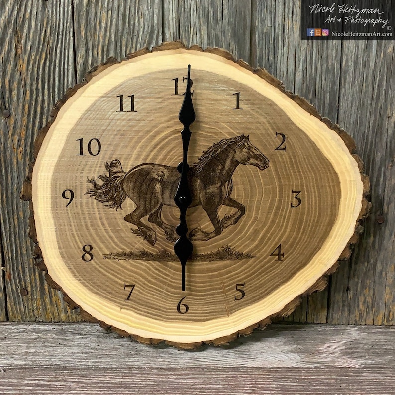 Running Horse Clock Art Engraved Wood Clock Horse Western Art Gift for ...