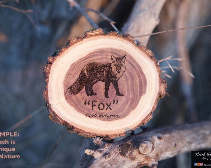 Fox Engraved Wooden coaster art with bark by Nicole Heitzman