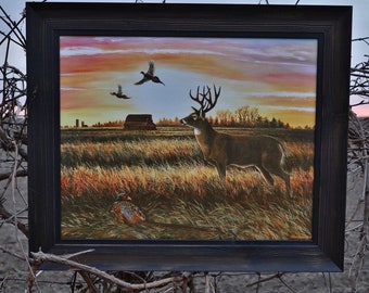 October Skies Whitetail Deer Pheasant painting Art Father's Day Gift for Dad hunter rustic cabin decor Wildlife Art Painting Canvas Print