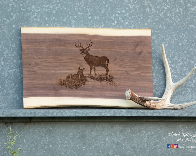 Engraved Whitetail deer Art Wood Charcuterie Cutting Board Wildlife art Father's Day grilling gift for Dad men Lodge Cabin deer hunting art