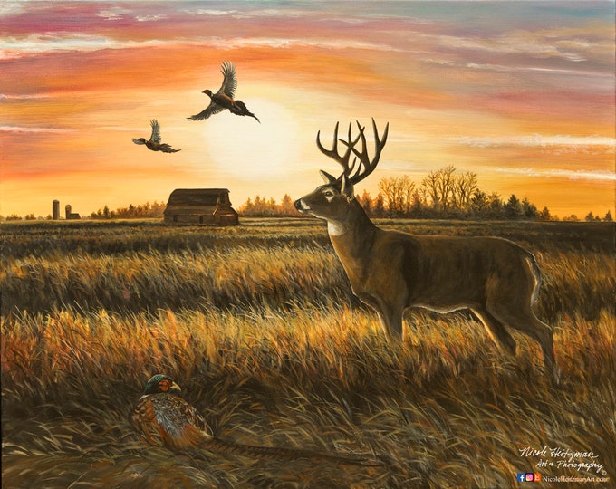 October Skies Whitetail Deer Pheasant painting Art Father's Day Gift for Dad hunter rustic cabin decor Wildlife Art Painting Canvas Print