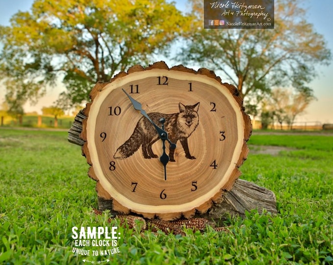 Engraved Wood Clock Fox Art Wildlife art Father's Day gift idea for Dad men him Lodge Decor Cabin Art Man cave art by Nicole Heitzman