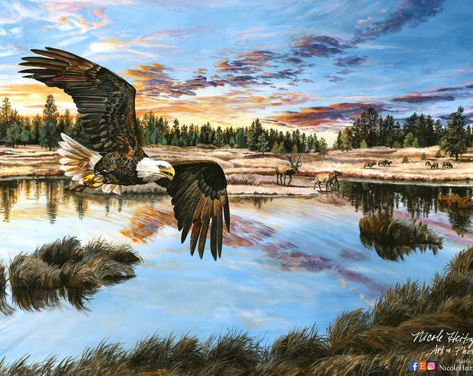 Boundless Territory Eagle Art Eagle painting Wildlife Art Elk print USA painting America Gift for soldier Independence day Canvas Print