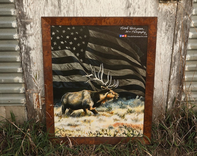 Freedom bull elk print painting USA art American Flag Elk Hunting Limited Edition Canvas Giclee Art print Nicole Heitzman