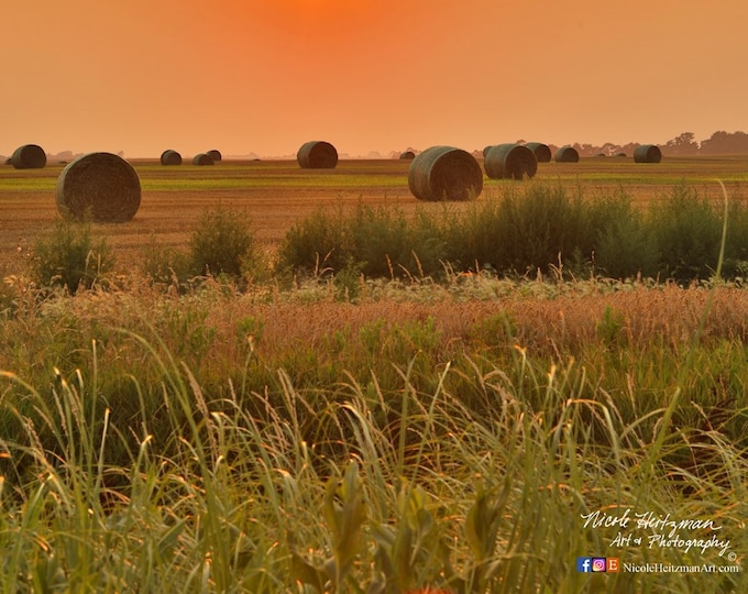 Straw Bale Sunset Wheat Field Harvest Photography Midwest Country Decor gift for Farmer South Dakota Scenery Metal Print by Nicole Heitzman