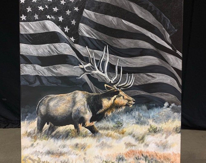 Freedom bull elk print painting USA art American Flag Elk Hunting Limited Edition Canvas Giclee Art print Nicole Heitzman