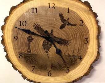 Wings in the Wind Pheasant Art Engraved Wood Clock Pheasant hunting gift lodge Wildlife art Father's Day gift for Dad men Cabin man cave Art