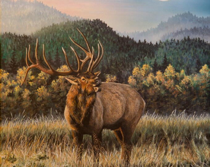 Last Call Elk Print Elk Art Elk Painting Gift for Men  Elk Hunting Moon Art Acrylic Painting Limited Edition Canvas print by Nicole Heitzman