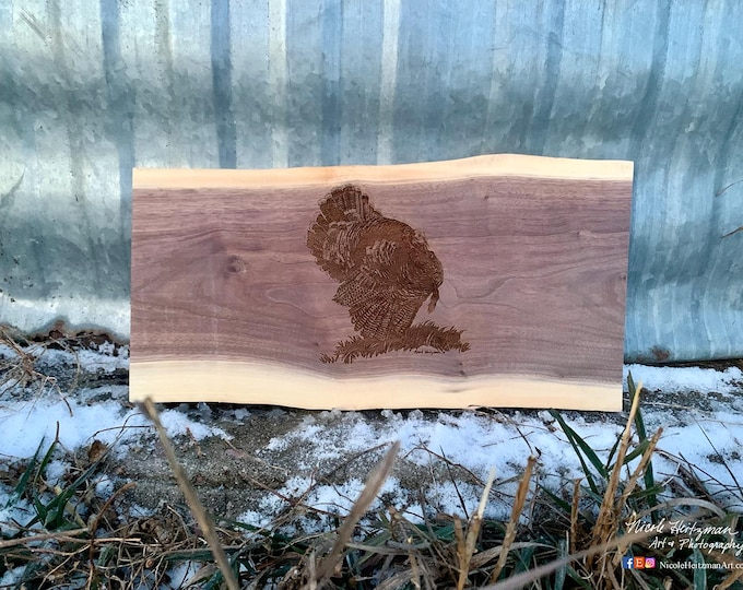 Turkey art Engraved Wood Black Walnut Charcuterie Board Turkey hunting art Father's Day gift for Dad men hunter Lodge Cabin Man cave decor