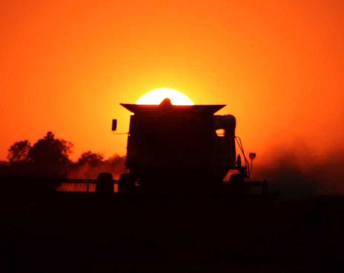 South Dakota Harvest Sunset Photography Harvest Photo Farming photo John Deere Combine Sunset Photo Metal Photo Print by Nicole Heitzman