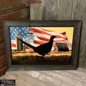 Land of Glory Pheasant Print Painting USA America Flag Art Wildlife art Man Cave Barn Farm Art 24x16 Canvas Giclee Art print Nicole Heitzman