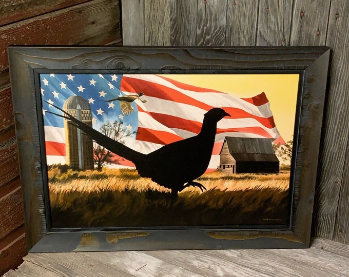 Land of Glory Pheasant Print Painting USA America Flag Art Wildlife art Man Cave Barn Farm Art 24x16 Canvas Giclee Art print Nicole Heitzman