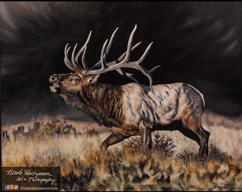 September Storm bull elk print painting Father's Day gift for Dad Elk Hunting Scene Black Hills Limited Edition Canvas print Nicole Heitzman