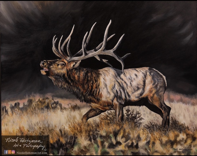 September Storm bull elk print painting Father's Day gift for Dad Elk Hunting Scene Lodge Cabin Limited Edition Canvas print Nicole Heitzman