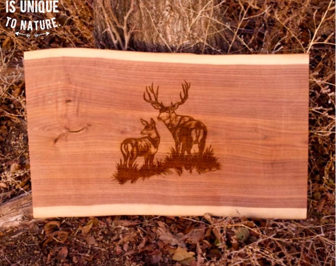 Engraved Mule deer Art Black Walnut Wood Charcuterie Cutting Board Wildlife Art Father's Day gift for Dad men Lodge Cabin deer hunting art