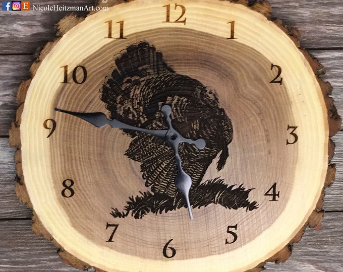 Turkey Clock art Engraved Wood Clock Wild Turkey hunting Art Wildlife art Father's Day gift for Dad men hunter Lodge Cabin Man cave decor