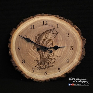 Bass Art Engraved Wood Clock Father&#39;s Day Gift for men Christmas gift Fishing gifts for him Lodge Cabin Man Cave Decor Fish Art by Heitzman