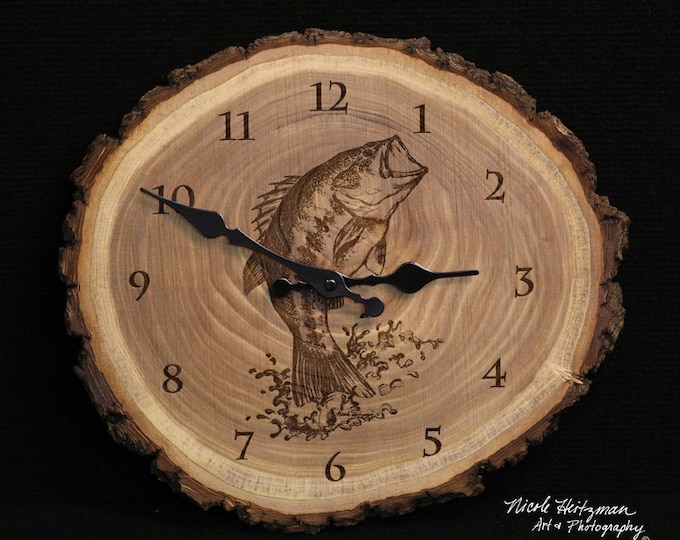 Bass Art Engraved Wood Clock Father's Day Gift for men Christmas gift Fishing gifts for him Lodge Cabin Man Cave Decor Fish Art by Heitzman