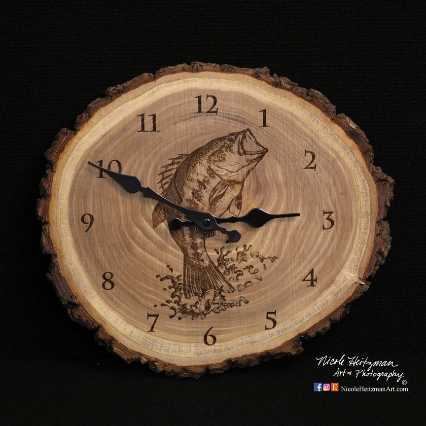 Bass Art Engraved Wood Clock Father's Day Gift for men Christmas gift  Fishing gifts for him Lodge Cabin Man Cave Decor Fish Art by Heitzman