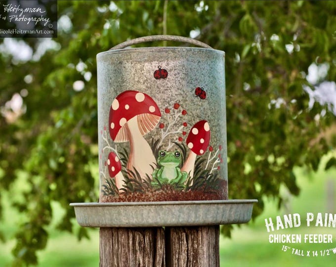 Antique Chicken Feeder Top Lid Can Hand Painted Mushrooms & Frog Art Ladybug Art Summer Home Decor Porch Farmhouse Art by Nicole Heitzman
