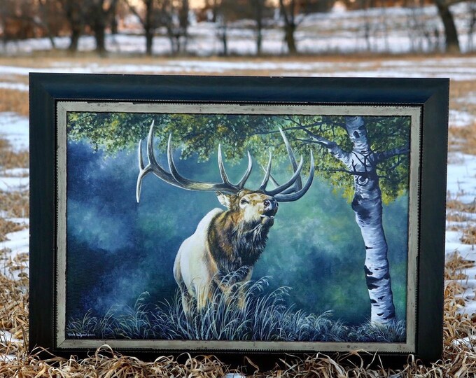 In Pursuit Elk Art Bugling Bull Elk painting Wildlife Art Elk print fall Birch tree Aspen tree painting Gift for hunter 24x16 Canvas Print