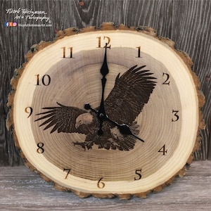 Engraved eagle art wood clock USA art Patriotic art Father's Day gift for Dad men Lodge decor Cabin Art Man cave decor bird of prey