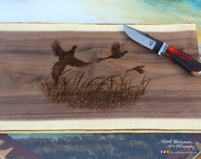 Dakota Harvest Pheasant Charcuterie Cutting Board Father's Day Gift for men Pheasant hunting Art Lodge decor Cabin Man Cave Decor