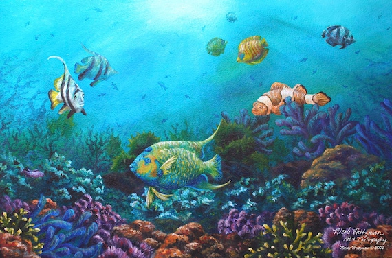 Ocean Fish Art Ocean Scene Teal Decor Clown Fish Under Water Scene