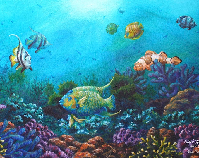 Ocean fish art Ocean scene Teal Decor Clown fish Under water scene Angel fish tropical scenery beach art Waters of Paradise Nicole Heitzman