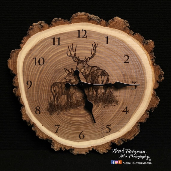 Mule Deer Buck and Doe Engraved Wood Clock deer hunting Wildlife art Father's Day gift for Dad men Lodge hunter Cabin Man cave decor