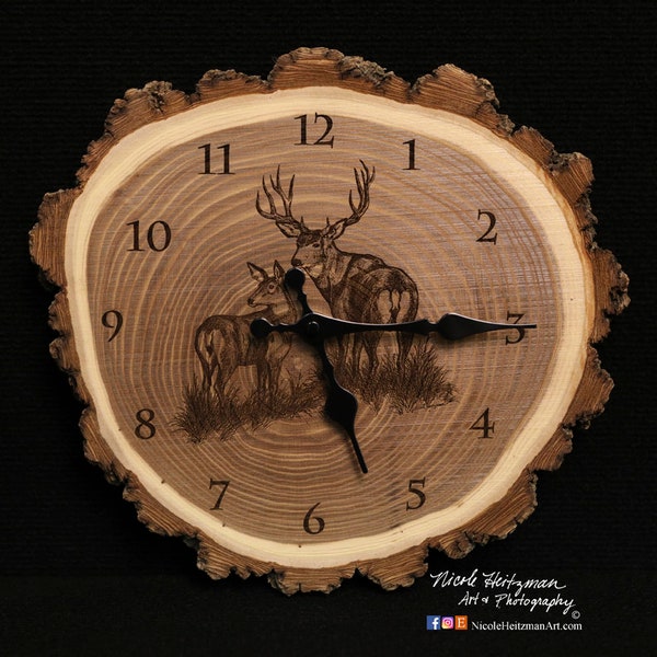 Mule Deer Buck and Doe Clock deer hunting art Engraved Wood Clock Wildlife art Father's Day gift for Dad men Lodge decor Cabin Art Man cave