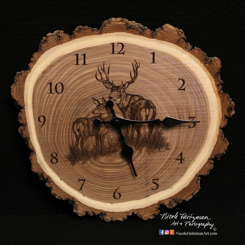 An art clock made from high-quality natural wood that has numbers and deers images engraved is the ideal gift for men who love hunting.