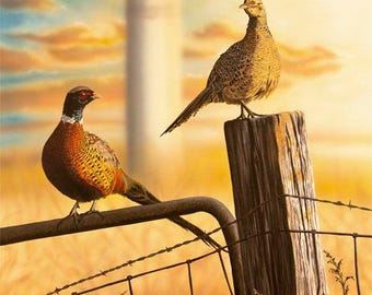 以下が含まれることがあります： 夕焼けを背景に、木製のフェンスの支柱にとまっている2羽のキジ。1羽は茶色と白で長い尾を持ち、もう1羽は茶色とオレンジで短い尾を持っている。フェンスの支柱は古びて茶色で、手前にワイヤーフェンスがある。