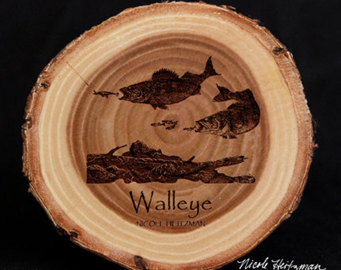 Father's Day Gift for men Christmas gift Fishing gifts for him Walleye Art Wood Coasters Lodge Cabin Man Cave Decor Fish Art by Heitzman