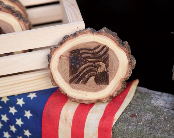 Eagle Art Engraved wood Coaster Gift for Patriot Wildlife Art Lodge decor Cabin Decor Man Cave Decor USA American Flag Art Nicole Heitzman
