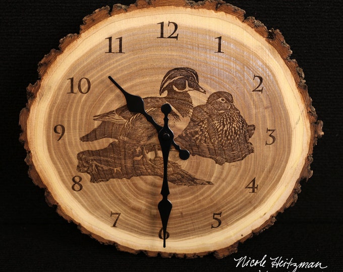 Wood duck Art Engraved Wood Clock Waterfowl Wildlife art Father's Day Christmas gift for Dad men Lodge Cabin Man cave waterfowl duck hunting