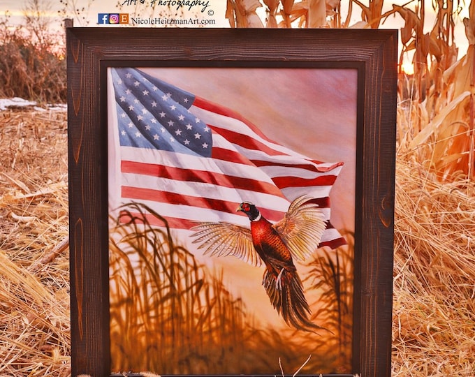 Dakota Freedom Pheasant Print USA America Flag Art Pheasant Painting Wildlife art Man Cave Art Limited Edition Canvas print Nicole Heitzman