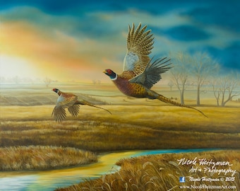 Pheasant Creek Pheasant hunting Art Christmas Gift for Dad him hunter Pheasant Print rustic cabin decor Wildlife Art Painting Canvas Print
